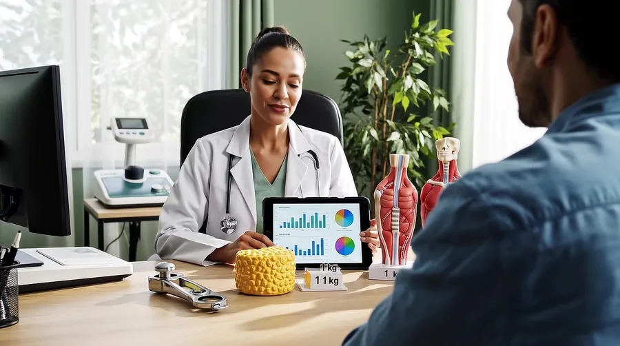 Nutricionista explicando a composição corporal para o paciente no consultório